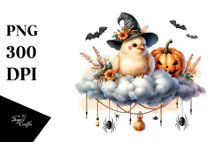 Watercolor Chicken Dressed for Halloween Sitting on Cloud Product Image 1