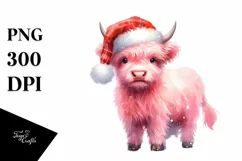 Pink Highland Cow with Santa Hat PNG Product Image 1