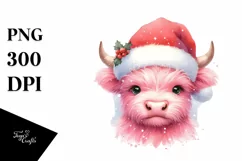 Pink Highland Cow with Santa Hat PNG Product Image 1