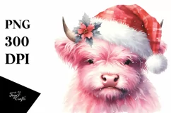 Pink Highland Cow with Santa Hat PNG Product Image 1