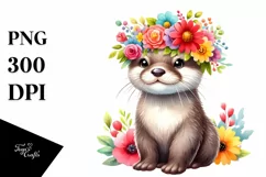 Watercolor Flower Crown Otter Clipart Product Image 3