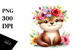 Watercolor Flower Crown Otter Clipart Product Image 1