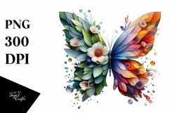 Vibrant Watercolor Butterfly with Flowers, PNG Product Image 1