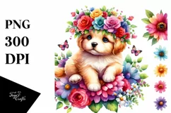 Cute Watercolor Puppy with Vibrant Flower Crown | Clipart Product Image 3