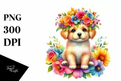 Cute Watercolor Puppy with Vibrant Flower Crown | Clipart Product Image 3