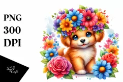 Cute Watercolor Puppy with Vibrant Flower Crown | Clipart Product Image 1