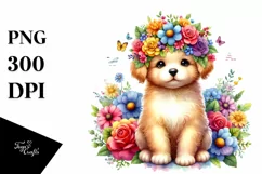 Cute Watercolor Puppy with Vibrant Flower Crown | Clipart Product Image 3