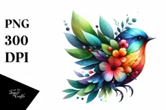 Vibrant Watercolor Bird with Flowers, PNG Product Image 1