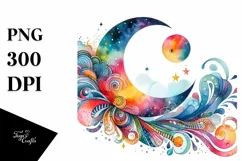 Colorful Watercolor Wimsical Vibrant Moon Clipart Product Image 1