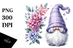 Adorable GNOME with Lilac Floral Frame, PNG Product Image 1