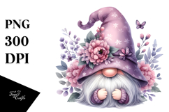 Cute Gnome with Lilac Floral Frame, Transparent PNG Product Image 1