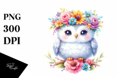 Cute Watercolor Owl with Vibrant Flower Crown | Clipart Product Image 3