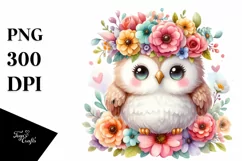Cute Watercolor Owl with Vibrant Flower Crown | Clipart Product Image 1