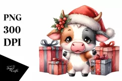 Enthusiastic Baby Cow in Santa Hat PNG Product Image 3