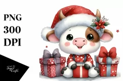 Enthusiastic Baby Cow in Santa Hat PNG Product Image 1