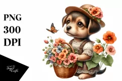 Whimsical Cute Puppy with Nasturtium Bouquet Product Image 1