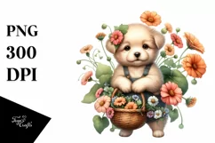 Whimsical Cute Puppy with Nasturtium Bouquet Product Image 1