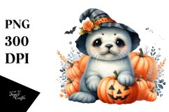 Cute Baby Seal Sitting with Pumpkin, PNG Product Image 3