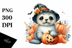 Cute Baby Seal Sitting with Pumpkin, PNG Product Image 3