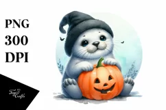 Cute Baby Seal Sitting with Pumpkin, PNG Product Image 1
