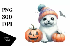Cute Baby Seal Sitting with Pumpkin, PNG Product Image 1