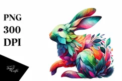 Vibrant Watercolor Rabbit with Plant Leaves, PNG Product Image 1