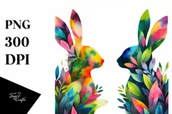 Vibrant Watercolor Rabbit with Plant Leaves, PNG Product Image 3