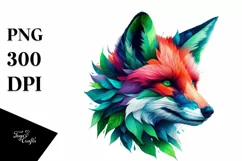 Vibrant Watercolor Fox with Plant Leaves, PNG Product Image 3