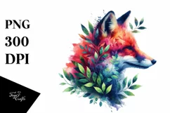 Vibrant Watercolor Fox with Plant Leaves, PNG Product Image 3