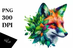 Vibrant Watercolor Fox with Plant Leaves, PNG Product Image 1