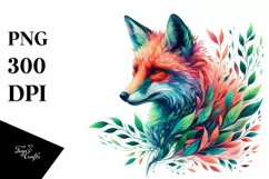 Vibrant Watercolor Fox with Plant Leaves, PNG Product Image 3