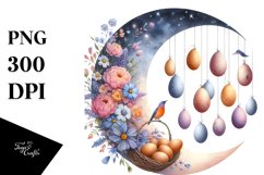 Bunny on Half Moon with Eggs PNG Product Image 1