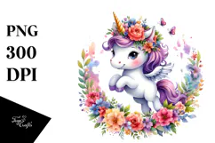 Jumping Baby Unicorn with Floral Wreath, Transparent PNG Product Image 1