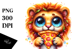 Vibrant Watercolor Lion with Pizza Slice, Transparent PNG Product Image 1
