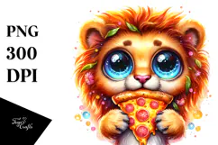 Vibrant Watercolor Lion with Pizza Slice, Transparent PNG Product Image 1