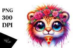 Vibrant Watercolor Lion with Pizza Slice, Transparent PNG Product Image 1