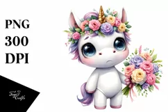 Confused Baby Unicorn with Flower Bouquet Product Image 1