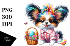 Cute Baby Papillon Holding Easter Basket, PNG Product Image 1