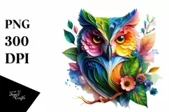 Vibrant Watercolor Owl with Flowers, PNG Product Image 1