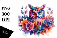 Vibrant Watercolor Owl with Flowers PNG Product Image 3