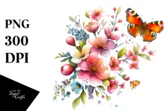 Butterfly with Spring Flowers Painting, PNG Product Image 1