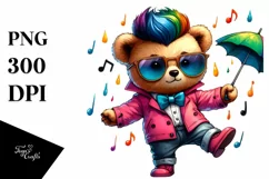 Cute Baby Bear Dancing with Raincoat and Umbrella PNG Product Image 3