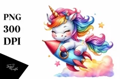 Colorful Baby Unicorn with Rocket Ship, Transparent PNG Product Image 1