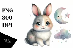 Cute Colorful Snowshoe Hare Moon Stars Clipart Product Image 1