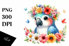 Watercolor Macaw with Flower Crown PNG Product Image 3