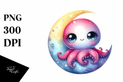 Baby Octopus Moon Watercolor Clipart Product Image 1
