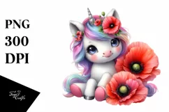 Cute Unicorn with Poppy Watercolor Product Image 1