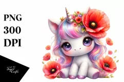 Cute Unicorn with Poppy Watercolor Product Image 1