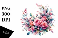 Watercolor Abstract Colorful Wreath with Pink Roses | Product Image 1