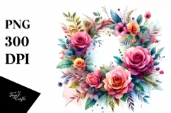 Watercolor Abstract Colorful Wreath with Pink Roses | Product Image 1